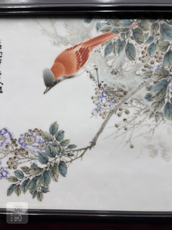 民国 程意亭粉彩绶带紫薇花鸟图瓷板 - 图5